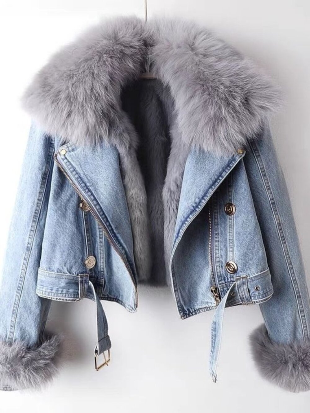 Women’s Detachable Faux Fur Lined Denim Coat Winter Warm Blue Jean Jacket